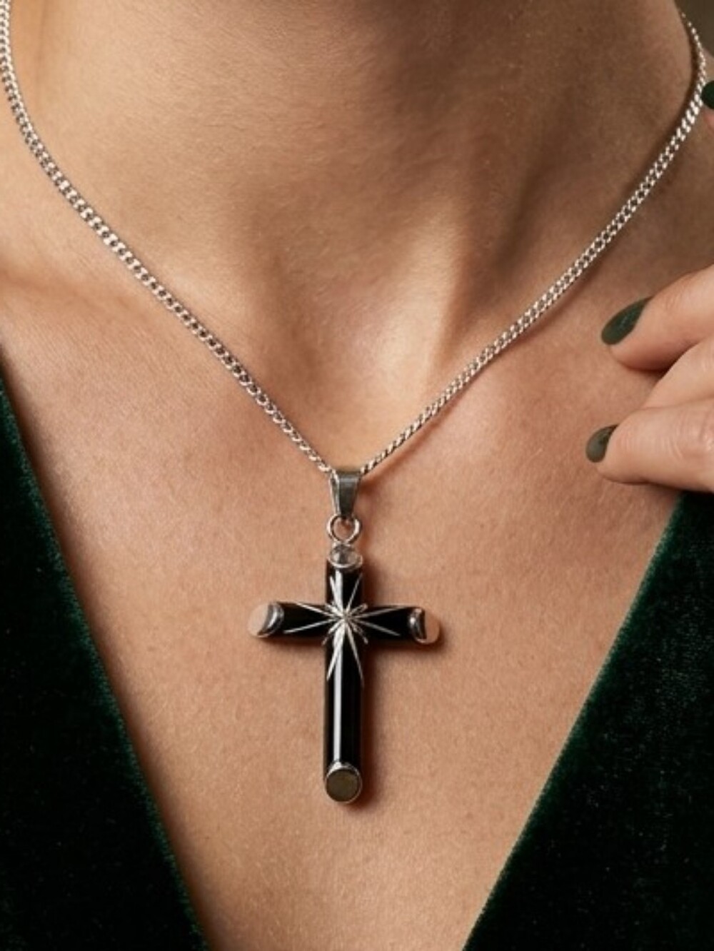 Vintage Silver Ebony Wood Cross Pendant 1.5” Starburst Gothic
